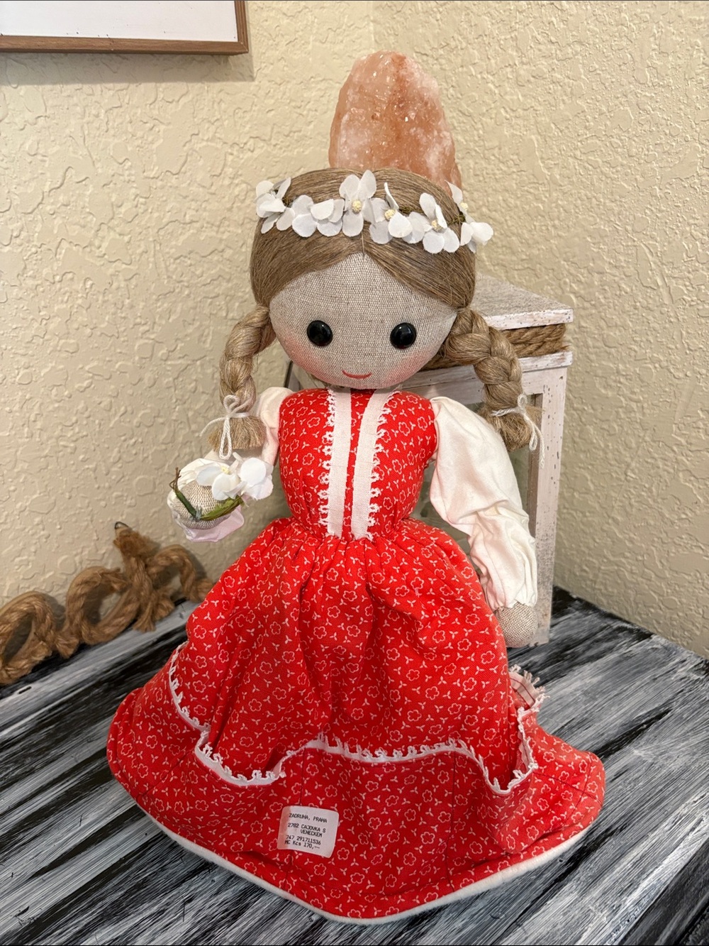 Handmade Floral Crown Rag Doll in Red Dress -